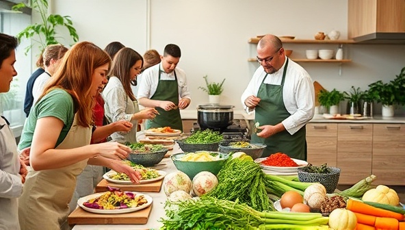 An interactive cooking workshop scene with participants creatively using vegetable scraps to prepare flavorful dishes, a chef demonstrating zero-waste cooking techniques, and a vibrant display of fresh produce and reusable kitchen tools, highlighting the sustainable and educational aspects of the culinary experience.