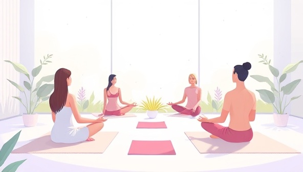 A serene and tranquil digital illustration featuring a virtual mindfulness session in progress, with participants engaged in meditation poses and deep breathing exercises, surrounded by calming nature elements and soft lighting, creating a peaceful and rejuvenating atmosphere.