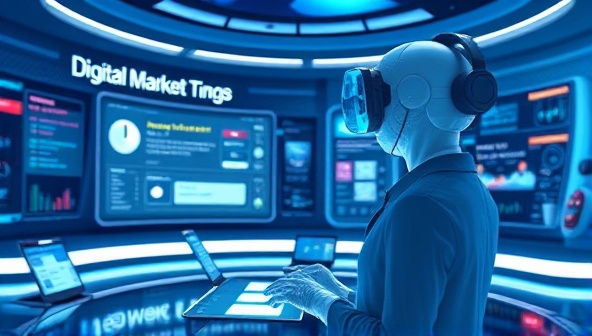 An immersive visualization of a digital marketing consultancy platform gamified interface, featuring a virtual avatar guiding clients through interactive marketing challenges and quizzes in a futuristic digital environment, highlighting the engaging and educational nature of the gamified consultancy experience.