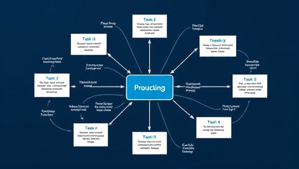 A dynamic visual representation of a flowchart with interconnected tasks and goals, symbolizing the structured approach to productivity coaching and achieving peak performance.