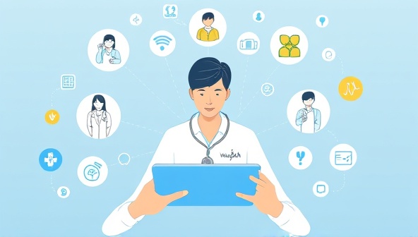 A comprehensive digital illustration illustrating a user accessing the WellPath Connect platform on a tablet, with healthcare professionals, nutritionists, and wellness coaches virtually assisting in disease management, surrounded by icons representing health, wellness, and support.