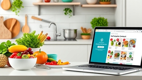 A digital kitchen scene featuring fresh ingredients, meal prep tools, recipe cards, and a laptop displaying the NutriCoach Connect platform, highlighting a seamless and interactive nutrition coaching experience that combines technology with healthy eating habits.