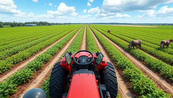 An immersive VR simulation scene where a virtual farmer is operating a tractor in a lush digital field, surrounded by interactive crop cultivation tasks and livestock management challenges, showcasing the engaging and educational experience offered by FarmVR Academy.