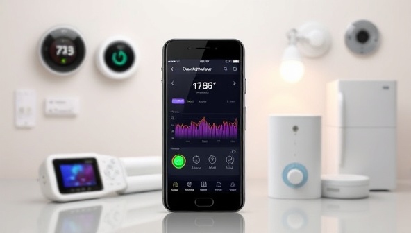 A sleek smartphone displaying the VirtuEnergy Monitor app interface with colorful graphs showing energy usage patterns, surrounded by smart home devices like thermostats, lights, and appliances, illustrating seamless integration and control.