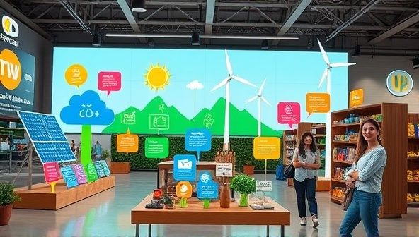 An engaging visual of a virtual marketplace displaying colorful icons representing various renewable energy sources like solar panels, wind turbines, and hydroelectric power, with happy customers making sustainable energy choices.