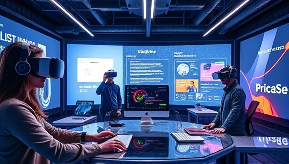 An immersive VR environment showcasing designers wearing VR headsets, interacting with virtual design elements and collaboratively building a website in a futuristic digital workspace, illustrating the innovative and immersive nature of VR WebSpace.