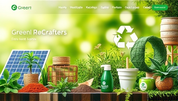 A visually appealing representation of a website design studio with eco-friendly elements like solar panels, recyclable materials, and lush greenery, symbolizing the sustainable ethos of GreenWebCrafters.