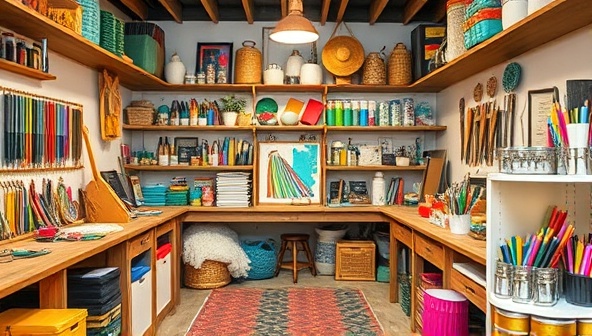 A vibrant and colorful artisanal studio space filled with crafting materials, tools, and creative projects, reflecting the inspirational and communal atmosphere of CraftCove's specialized storage studios for artisans.