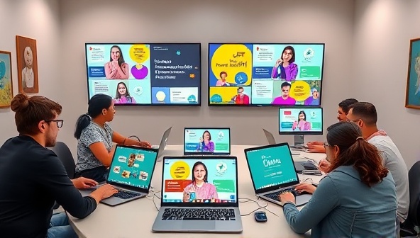 A vibrant and diverse virtual meeting room with volunteers collaborating on laptops, each screen displaying a different aspect of a non-profit project, symbolizing teamwork and digital connectivity.
