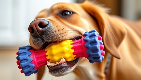 An adorable 3D-printed dog toy in vibrant colors, being playfully chewed by a happy dog, capturing the joy and engagement provided by personalized pet toys.