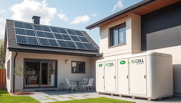 An image of a modern home with solar panels on the roof and EcoCell Energy Solutions' biodegradable energy storage containers neatly arranged in a utility room, showcasing a harmonious blend of renewable energy and sustainable storage practices.