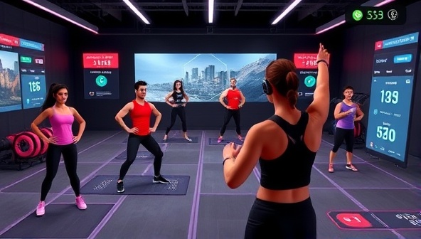 An engaging virtual fitness environment with avatars participating in various workout challenges, virtual trainers providing guidance, and fitness trackers displaying progress metrics, promoting a fun and interactive fitness experience on the platform.