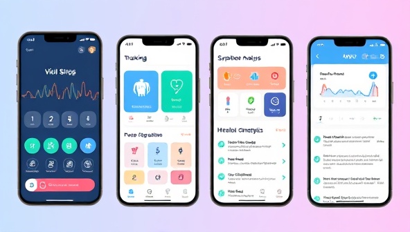 An informative app interface displaying vital signs tracking, symptom analysis, and personalized health recommendations for chronic condition management, with an intuitive design and user-friendly features, symbolizing health empowerment and proactive care.