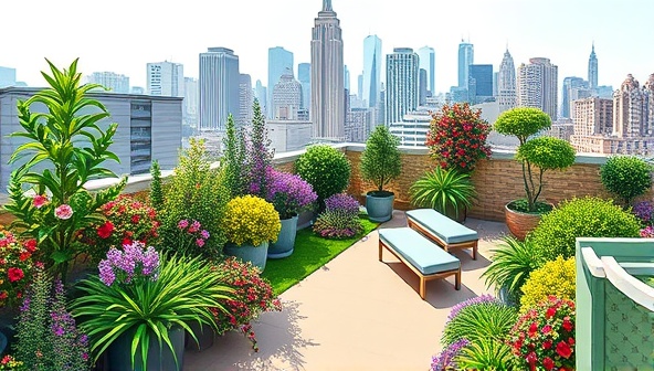 An artistic rendering of a vibrant rooftop garden oasis with lush greenery, colorful flowers, and a small seating area, overlooking the city skyline, illustrating the beauty and tranquility of urban green spaces.
