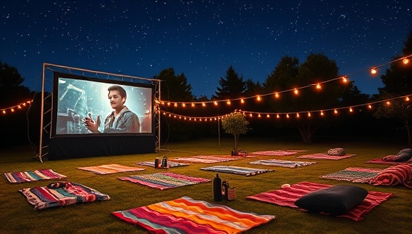 A picturesque setting of an outdoor movie screening under the stars, with fairy lights twinkling overhead, colorful blankets spread out on the grass, and a large screen displaying a movie, creating a cozy and magical ambiance.