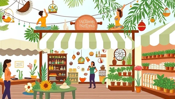 A captivating digital montage featuring a virtual wellness marketplace with colorful icons representing various services like yoga classes, meditation sessions, herbal remedies, and wellness consultations, creating a visual feast of holistic offerings and possibilities.