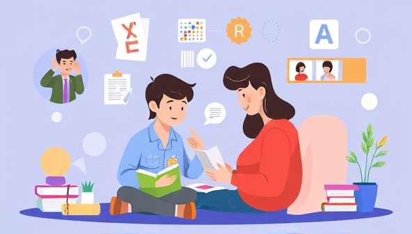 An online tutoring session illustration featuring a student and tutor engaging in a virtual learning environment, with interactive study materials and digital tools enhancing the educational experience, conveying the effectiveness and convenience of remote tutoring.
