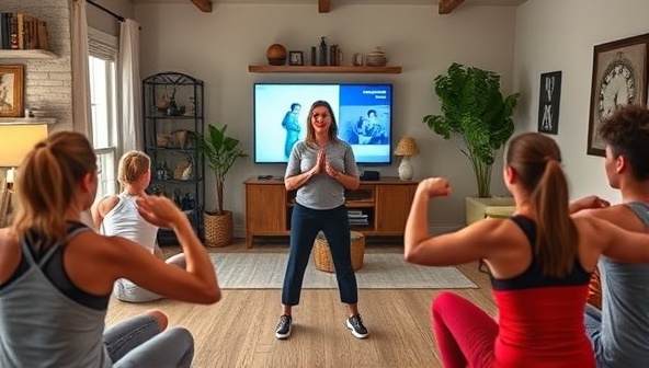 An energetic and motivational workout scene featuring a virtual fitness coach leading a group exercise session, surrounded by enthusiastic participants following along from their homes, conveying a sense of community, support, and progress in achieving fitness goals with FitFusion Coach.
