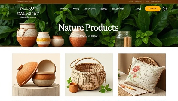 An aesthetically pleasing web layout featuring a variety of artisan products, such as handmade ceramics, woven baskets, and organic textiles, beautifully displayed against a backdrop of lush greenery, conveying a sense of nature-inspired elegance.