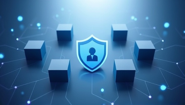 An abstract representation of interconnected blocks forming a secure chain around a web design project, symbolizing the blockchain-powered verification and authenticity protection offered by BlockCertifyWeb, emphasizing trust and security in the digital design space.