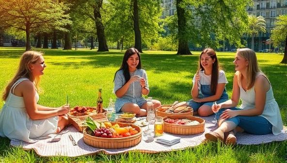 A beautifully set up picnic scene in a lush green park, featuring a spread of organic treats, eco-friendly utensils, and biodegradable packaging, with happy customers enjoying a sustainable dining experience under the sun.