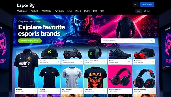 An online marketplace interface showcasing a variety of esports merchandise items, including jerseys, accessories, and gaming peripherals, with vibrant graphics and immersive visuals, inviting fans to explore and shop for their favorite esports brands on Esportify Marketplace.