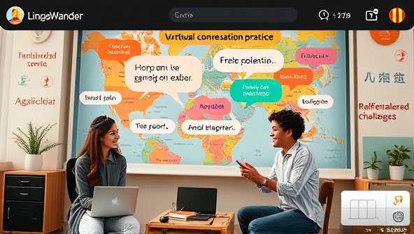 An interactive language learning scene with users engaging in a virtual conversation practice session using the LinguaWander Quest app, with speech bubbles in different languages, cultural icons, and gamified language challenges in the background, creating a dynamic and immersive language travel experience.