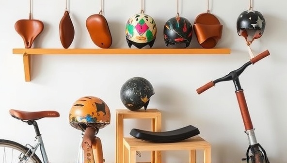 An aesthetically pleasing visual showcasing a variety of artisanal ride accessories such as leather bike saddles, hand-painted helmets, and sustainable scooter grips displayed in a modern and stylish setting, capturing the essence of unique and curated products available on RideCraft Market.