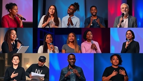 An artistic montage of diverse poets performing spoken word poetry in a virtual setting, with vibrant visuals, expressive gestures, and emotive recitations, capturing the essence of creative expression and poetic storytelling in a digital realm.