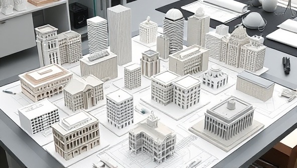 An array of 3D printed architectural models displayed on a modern desk, featuring intricate building details and diverse designs, surrounded by drafting tools and architectural sketches, illustrating precision and innovation.