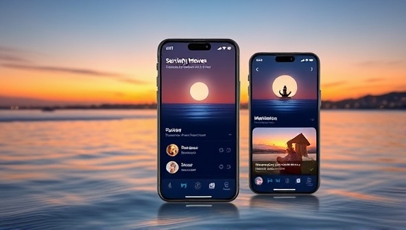 A serene and tranquil visualization of the SerenityMoves app interface featuring calming colors, soothing imagery, and meditation sessions tailored for stress relief and relaxation, capturing the essence of mindfulness and mental well-being.