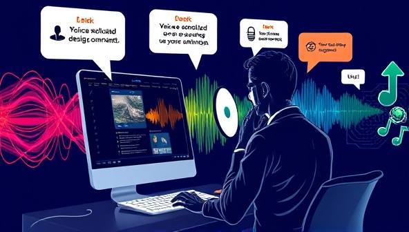 An artistic representation of a designer interacting with a website design interface using voice commands, with colorful sound waves and speech bubbles illustrating the voice-activated design process, capturing the dynamic and hands-free nature of the platform.