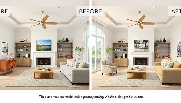 A digital room rendering showcasing a virtual interior design transformation, with before and after images of a living space, color palettes, and furniture selections, illustrating the consultancy's ability to create stunning virtual design concepts for clients.