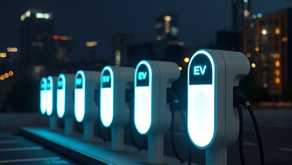 A sleek and modern charging station design featuring a row of EV charging ports illuminated at night, with city lights in the background, symbolizing a sustainable and futuristic transportation solution.