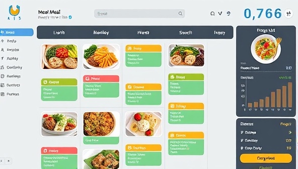 An organized digital meal planner interface displaying colorful and nutritious meal options for breakfast, lunch, and dinner, alongside a shopping list feature and progress tracker, promoting efficiency and wellness.