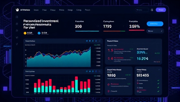 An AI-powered investment platform interface displaying personalized investment recommendations for a user, with interactive charts, portfolio diversification suggestions, and performance tracking tools, creating a futuristic and data-driven investing experience for users.
