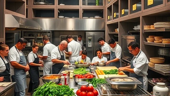 A dynamic kitchen scene bustling with activity, featuring a diverse group of chefs and entrepreneurs working on various culinary projects in the CookHub Collective space, surrounded by state-of-the-art equipment and vibrant ingredients, fostering creativity and collaboration in a shared kitchen environment.