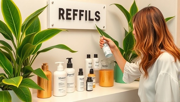 An aesthetically pleasing refill station adorned with lush green plants, sleek glass containers filled with beauty products, and a customer happily refilling their skincare bottle, symbolizing sustainability and eco-conscious beauty practices.