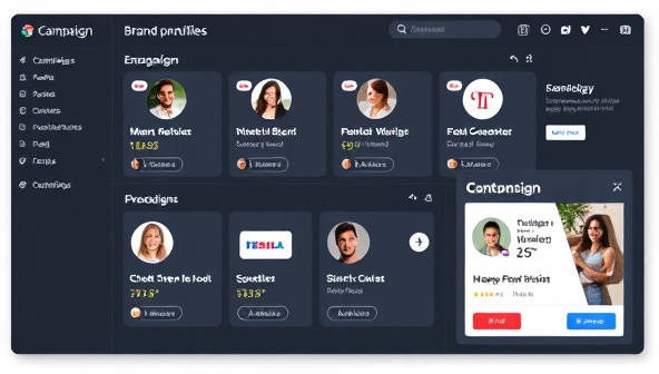 A virtual dashboard displaying various influencer profiles with engagement metrics, accompanied by brand logos and campaign details, illustrating a seamless and efficient connection process.