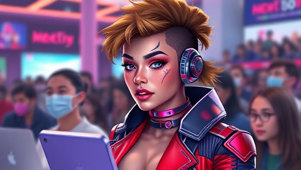 An artistic rendering of a virtual influencer with striking features and futuristic fashion, interacting with a diverse audience on a digital platform, symbolizing the blending of technology and marketing in influencer management.