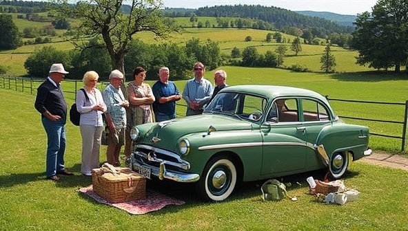 A picturesque countryside setting with a group of vintage car enthusiasts gathered around a beautifully restored classic car, enjoying a picnic and sharing stories, capturing the essence of camaraderie and passion within the RetroRide Club.