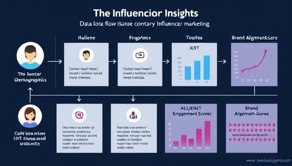 An infographic illustrating the data flow within the Influencio Insights platform, showing influencer profiles, audience demographics, engagement metrics, and brand alignment scores, highlighting the platform's data-driven approach to influencer marketing.
