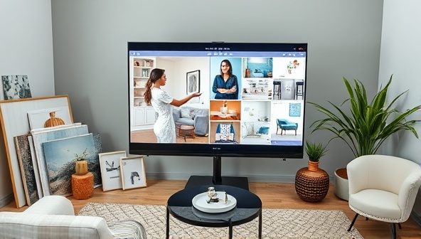 A virtual design consultation session featuring a designer presenting a digital mood board and design concepts on a screen, surrounded by interior design samples and décor elements, creating a visually appealing and informative virtual design experience.