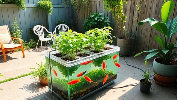 An inviting backyard patio featuring a compact aquaponic system with flourishing greenery and colorful fish swimming in a transparent tank, evoking a harmonious and sustainable living environment.