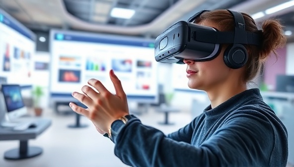 An engaging visual of a user wearing a VR headset, exploring and customizing a virtual website environment with interactive design tools and elements, illustrating the immersive VRWebScape experience.