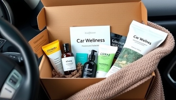An aesthetically pleasing car wellness subscription box with premium car care products, cozy car-themed accessories, and relaxation items tailored for car owners, inviting subscribers to indulge in a monthly dose of automotive pampering and self-care.