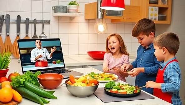 A colorful kitchen setting with fresh ingredients, cooking utensils, a laptop showing a chef conducting a virtual cooking class, and a family happily cooking together, portraying a fun and interactive cooking experience.