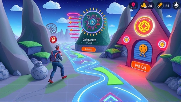 A dynamic and interactive visualization of a user completing a fitness quest in a virtual world, collecting rewards and power-ups along the way, illustrating the immersive and gamified experience of FitQuest Adventures.