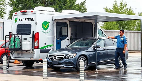 A mobile car wash van equipped with water tanks, cleaning supplies, and a portable canopy, parked next to a sleek car being meticulously washed by a uniformed attendant, demonstrating convenience and professional service on-the-go.