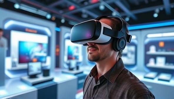 An immersive VR scene depicting a customer wearing a VR headset and exploring a virtual showroom with interactive product displays, surrounded by futuristic digital elements and glowing product features, showcasing the potential of VR product demonstrations.